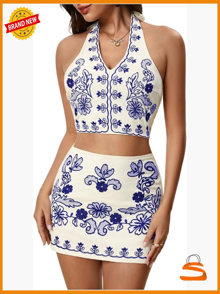 2pc Skirt Set Cowboy Chic Halter Linen Vacation Outfit Floral Embroidered